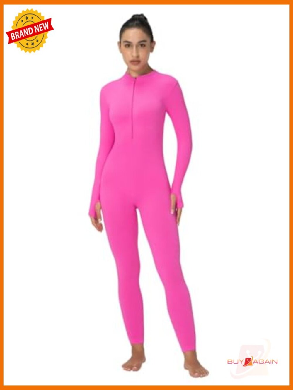 Long Sleeve Zip Front Jumpsuit - Ribbed Yoga Workout Bodycon with Thumbholes - Picture 2 of 7